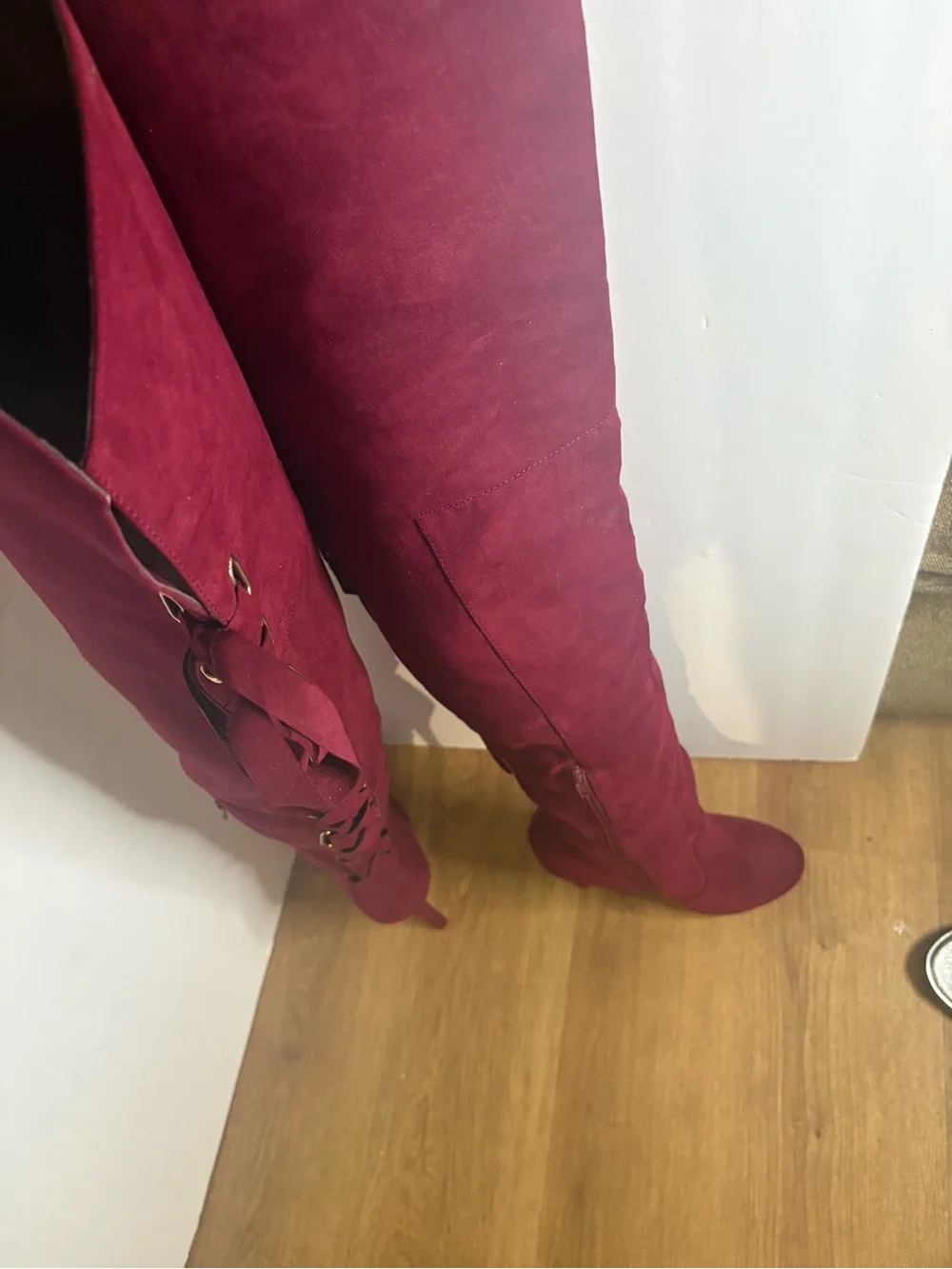 Women's Over-the-Knee Lace-Up High Heel Boots - Burgundy